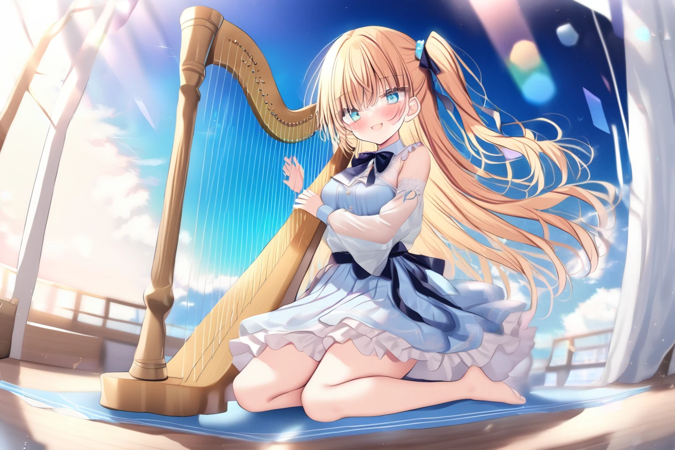 blue archive style,shikitani_asuka,ray tracing,1girl,solo,blonde hair,long hair,one side up,blue eyes,frilled dress,see-through,harp, wariza,playing harp,from below, dutch angle, <lora:harp:1>