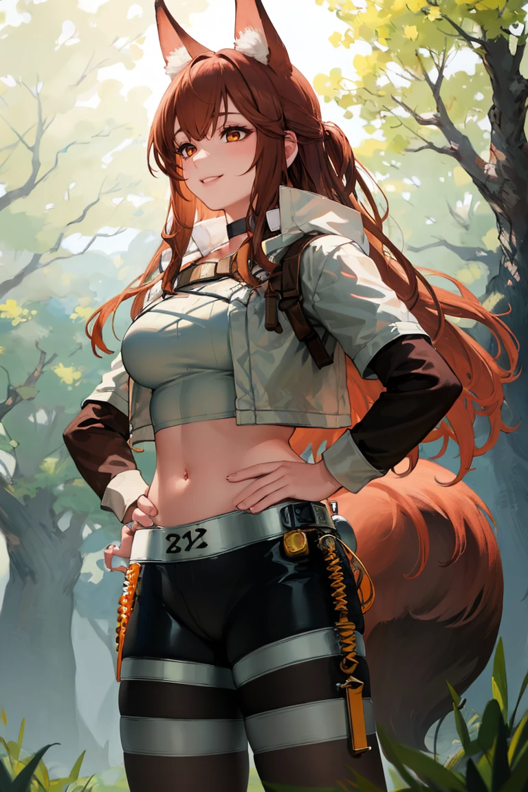 masterpiece, best quality, absurdres, 1girl, solo, FrankaRainforest, long hair, black choker, crop top, white jacket, cropped jacket, midriff, black shorts, black pantyhose, fox tail, standing, outdoors, hands on hips, smile, <lora:FrankaArknights:1>