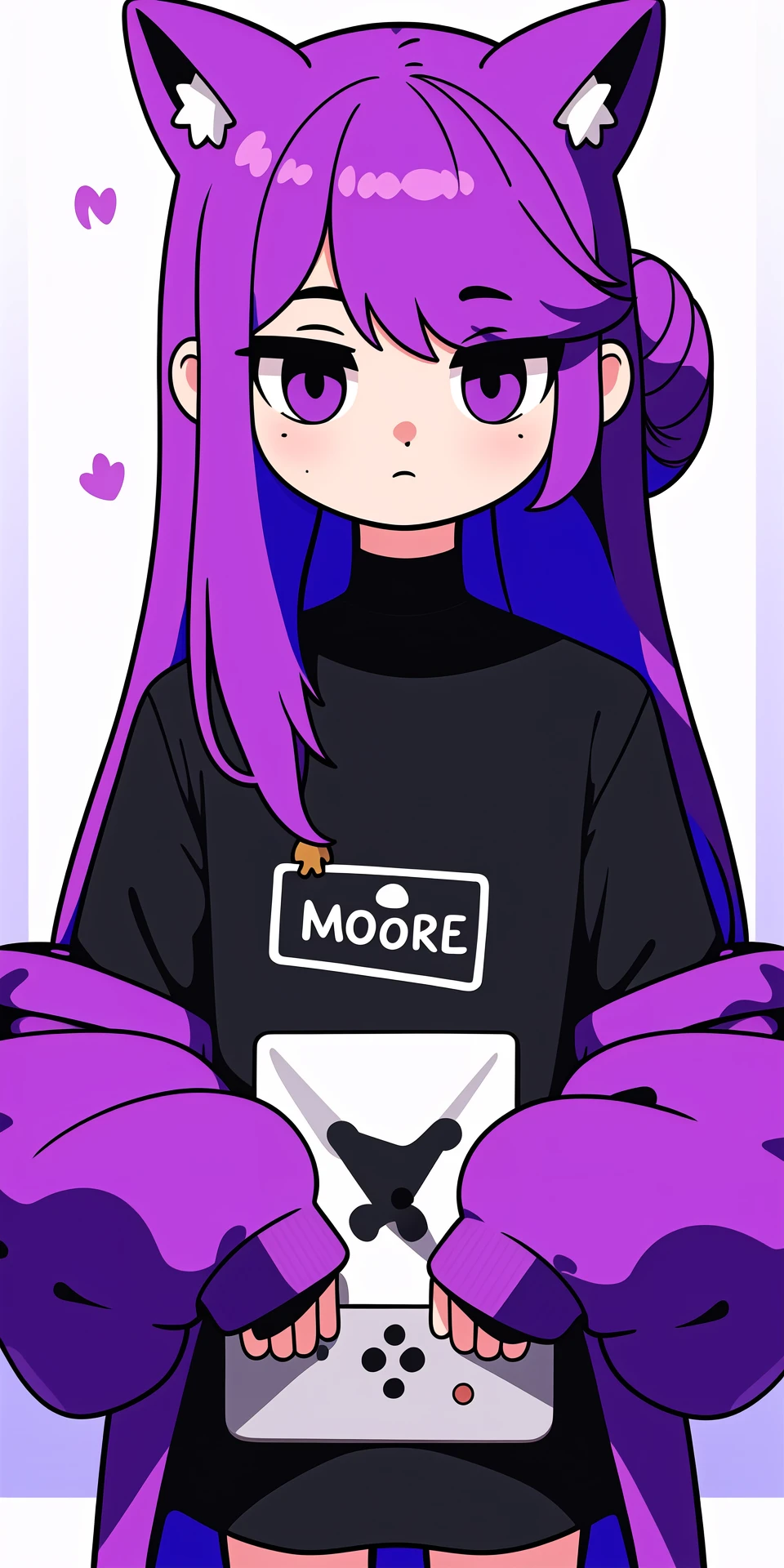 purple_eyes, closed_mouth, outside_border, tabasa_\(samansa_ex\), samansa_ex, oversized_shirt, dated, double_bun, 1girl, border, animal_print, shirt, holding, , (solo:1.1), controller, blush, white_border, black_shirt, oversized_clothes
<lora:adventure:0.7>