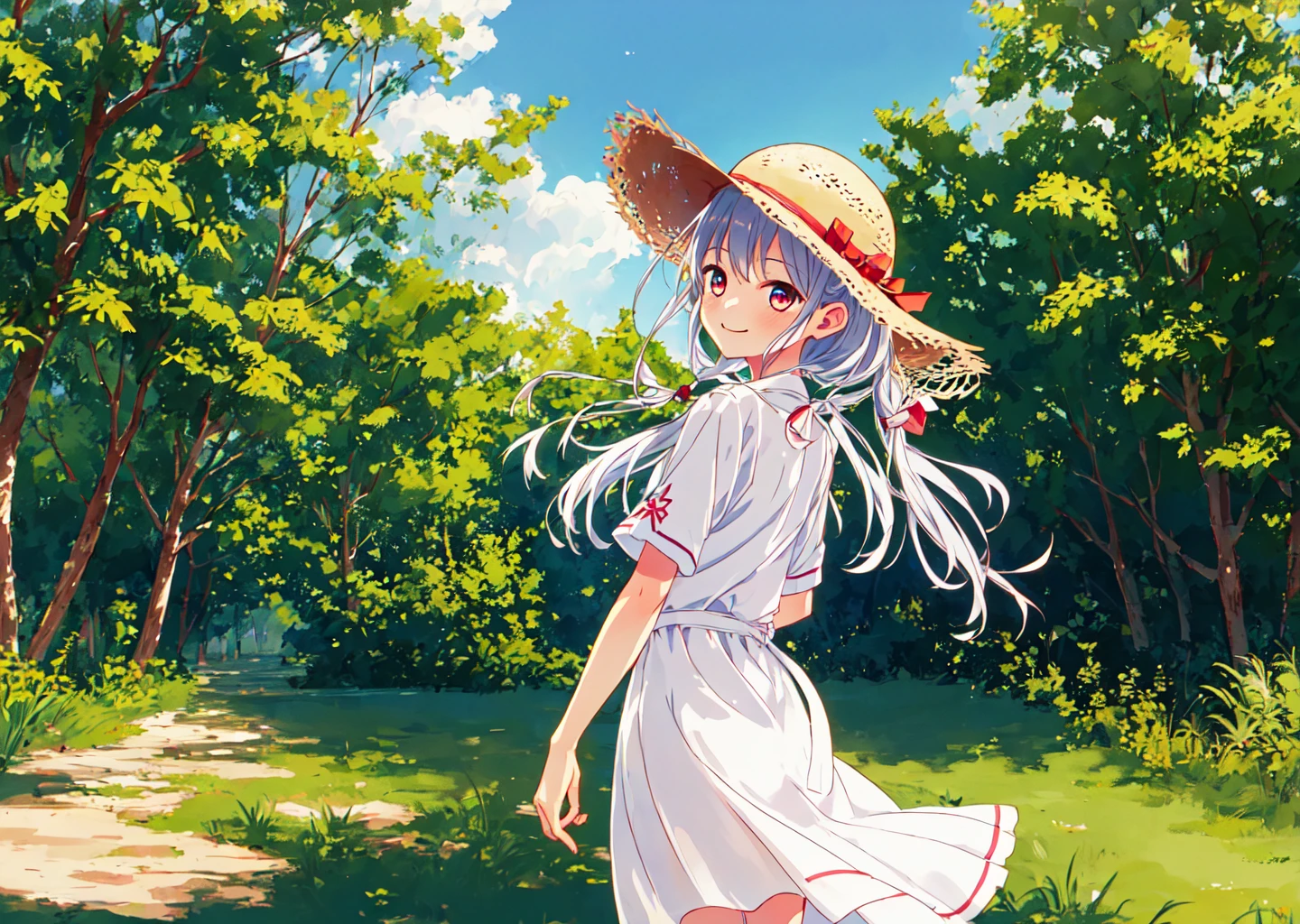 <lora:Fumino_v2:0.8>,Fumino,1girl,super fine illustration,masterpiece,best quality,smile,in summer,nature,a white dress,a straw hat,cool wind,looking_back,