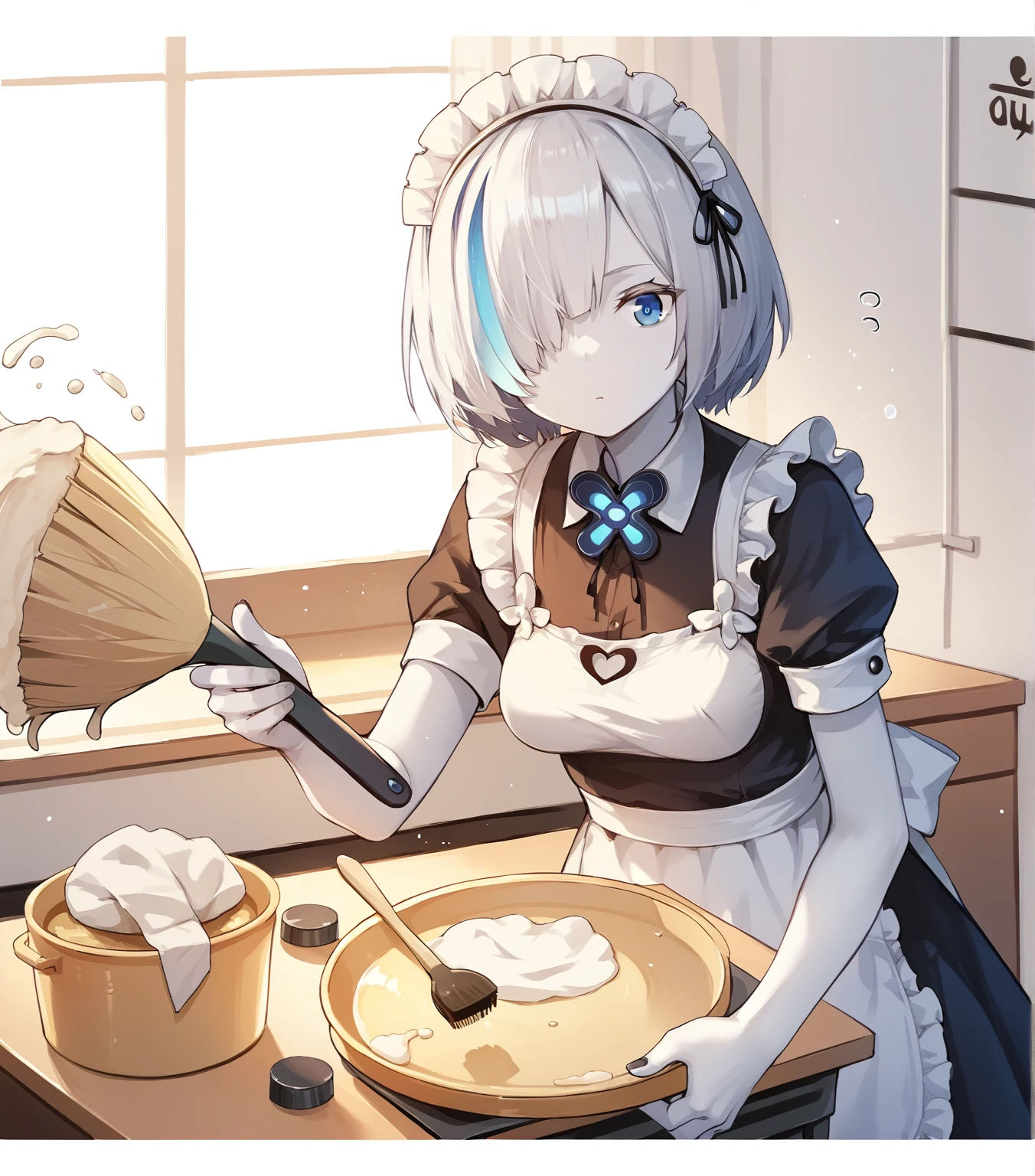 score_9, score_8_up, score_7_up, score_6_up, score_5_up, score_4_up, BREAK, white background,
<lora:tb-12:1>, tbal, white skin, medium breasts, short hair, hair over one eye, maid apron, maid headdress, brush, sweeping, indoors,