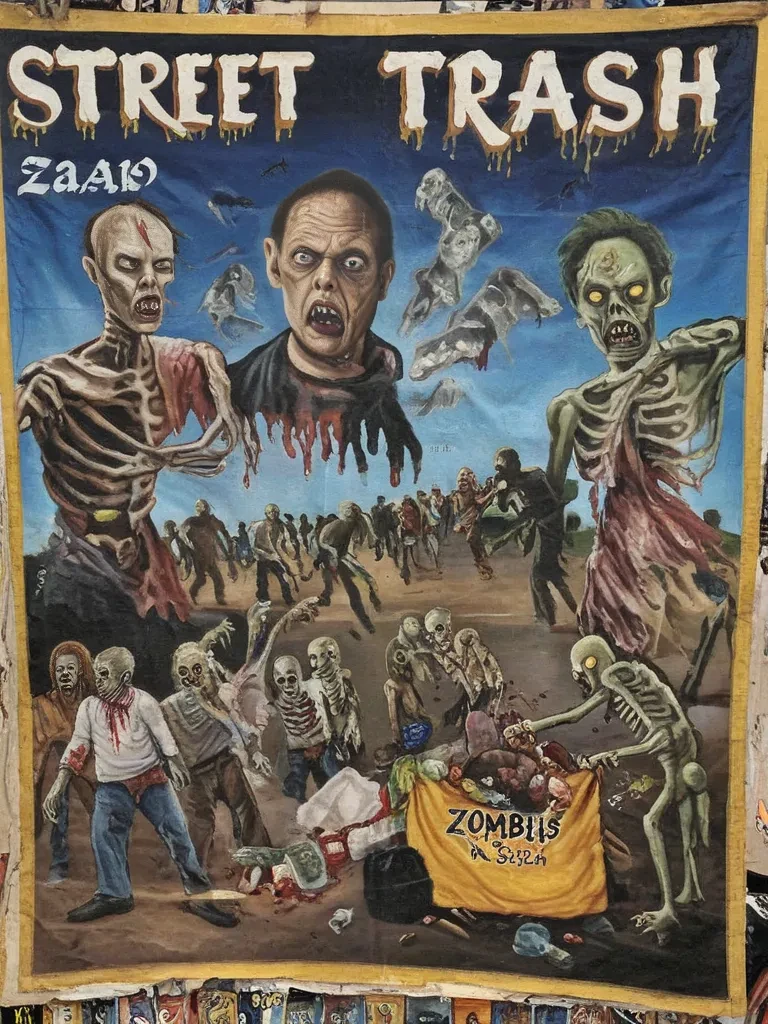 <lora:Ghana_Movie_Posters:1> ghana movie poster for Street Trash featuring zombies and garbage