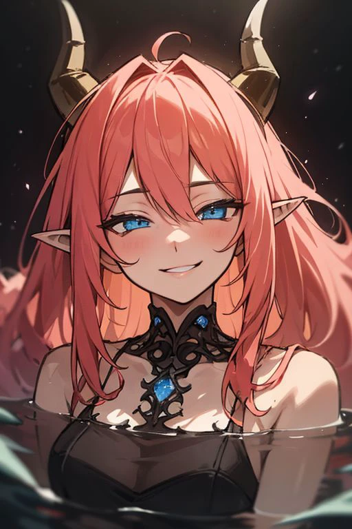 draw style, cosmic+forest, 18+, nature, wading, outdoors, fantasy, forest, naked,(( smirk, girl with jellyfish head and dark red hait, horns, ears, eye blink, blue_eyes)), beautiful white dress, shiny aura, highly detailed, gold filigree, intricate motifs, organic tracery, by Android jones, Januz Miralles, Hikari Shimoda, glowing stardust by W. Zelmer, perfect composition, smooth, sharp focus, sparkling particles, lively coral reef background Realistic, realism, hd, 35mm photograph, 8k), masterpiece, natural light, high detail,