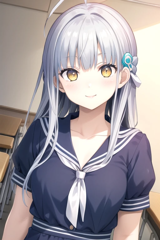 ((masterpiece)),(best quality),official art,extremely detailed CG,unity 8k wallpaper,ultra detailed,beautiful detailed eyes,extremely detailed face,classroom,1girl,solo,cowboy shot,looking at viewer,facing viewer,smile,Kuuko,ahoge,very long hair,grey hair,hair ornament,sidelocks,bangs,yellow eyes,collarbone,white sailor collar,sailor dress,blue dress,short sleeves,large breasts,white socks,loafers,<lora:Kuuko(sin)>,