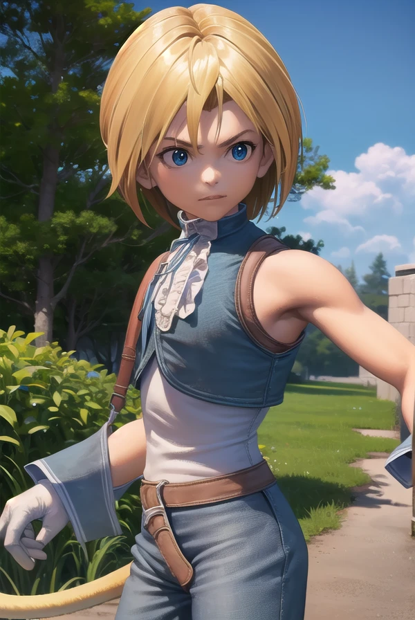 zidanetribal, <lora:zidane tribal-lora-nochekaiser:1>,
zidane tribal, short hair, blue eyes, blonde hair, brown hair, male focus, (parted bangs:1.5),
BREAK shirt, gloves, bare shoulders, tail, white shirt, boots, sleeveless, belt, pants, vest, sleeveless shirt, blue pants, grey gloves, monkey tail,
BREAK outdoors, castle,
BREAK looking at viewer, (cowboy shot:1.5), dynamic pose,
BREAK <lyco:GoodHands-beta2:1>, (masterpiece:1.2), best quality, high resolution, unity 8k wallpaper, (illustration:0.8), (beautiful detailed eyes:1.6), extremely detailed face, perfect lighting, extremely detailed CG, (perfect hands, perfect anatomy),