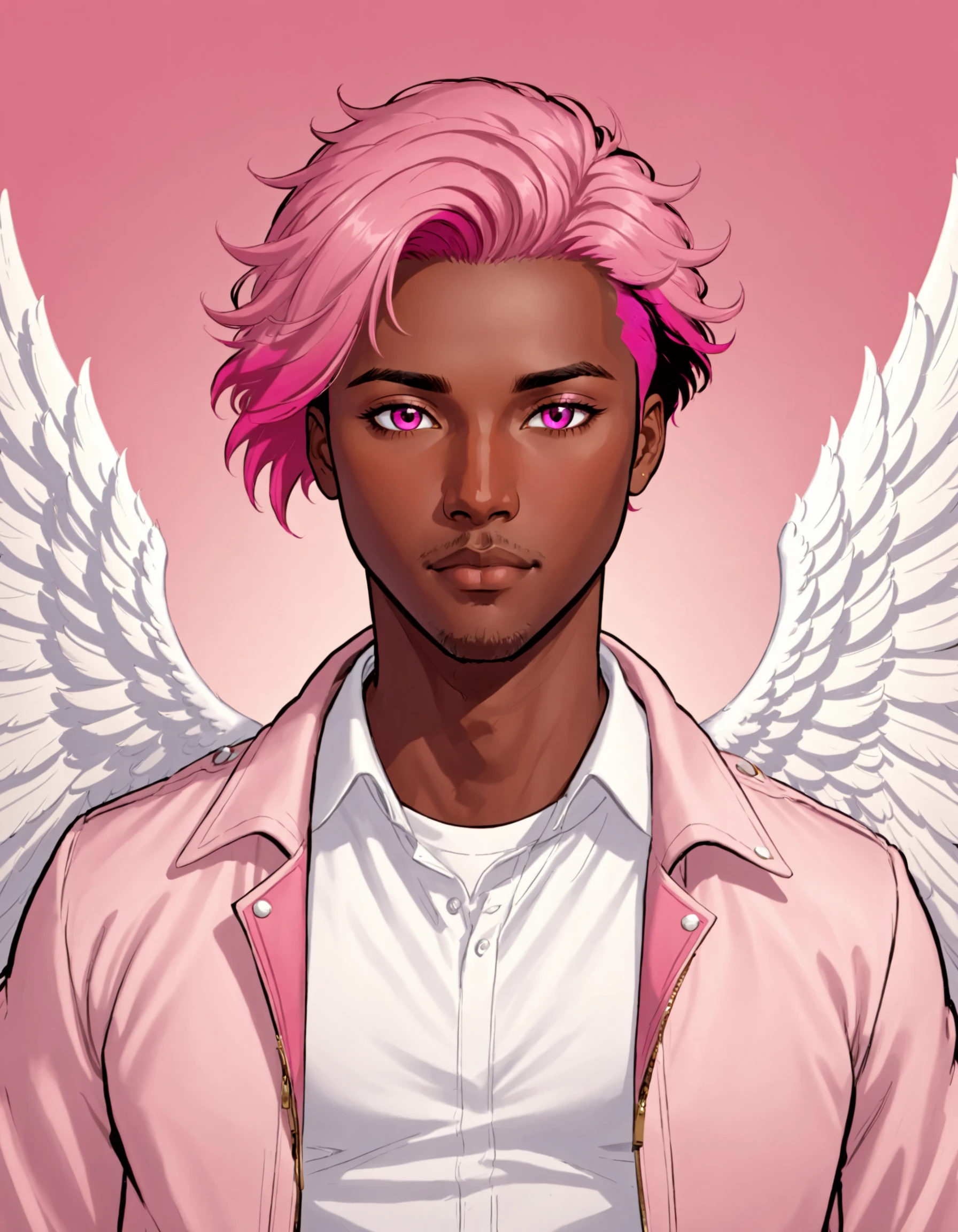 0b4k3sks style, solo, looking at viewer, short hair, shirt, 1boy, closed mouth, jacket, white shirt, upper body, pink hair, male focus, open clothes, wings, collared shirt, dark skin, pink eyes, open jacket, pink background, dark-skinned male, feathers, feathered wings, angel wings, white wings, pink jacket, best illustration, cinematic angle, cinematic lighting, masterpiece, official art, <lora:PoltergeistStyle_ponyxl:0.8>