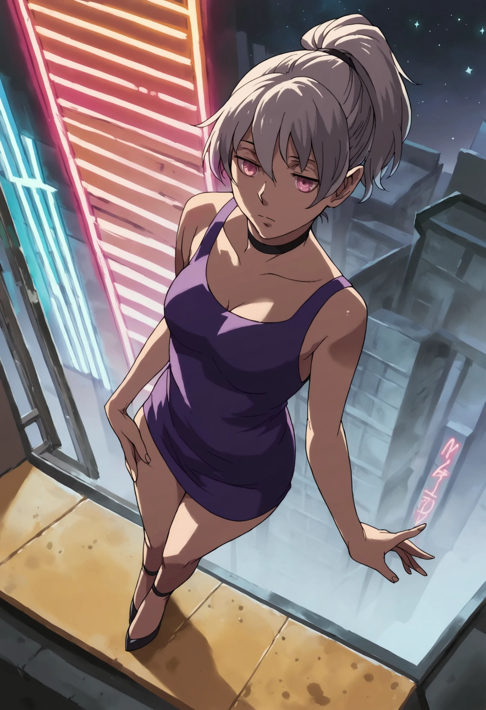(score_9,score_8_up,score_7_up,score_6_up,score_5_up,score_4_up, source_anime:1.3), from above, mature, (vivid colors, fluorescent colors:1.1), (realistic:1.1), <lora:add-detail-xl:1.2>, 1girl, (Yin_DDB:1.3), high platform heels, medium size breasts, silver hair, pink eyes, (black and purple dress:1.2), black choker, ponytail, (standing on a rooftop in Shibuya, skyline, neon lights, detailed background, stars:1.2), <lora:Yin_DDB_v10-000011:0.9>