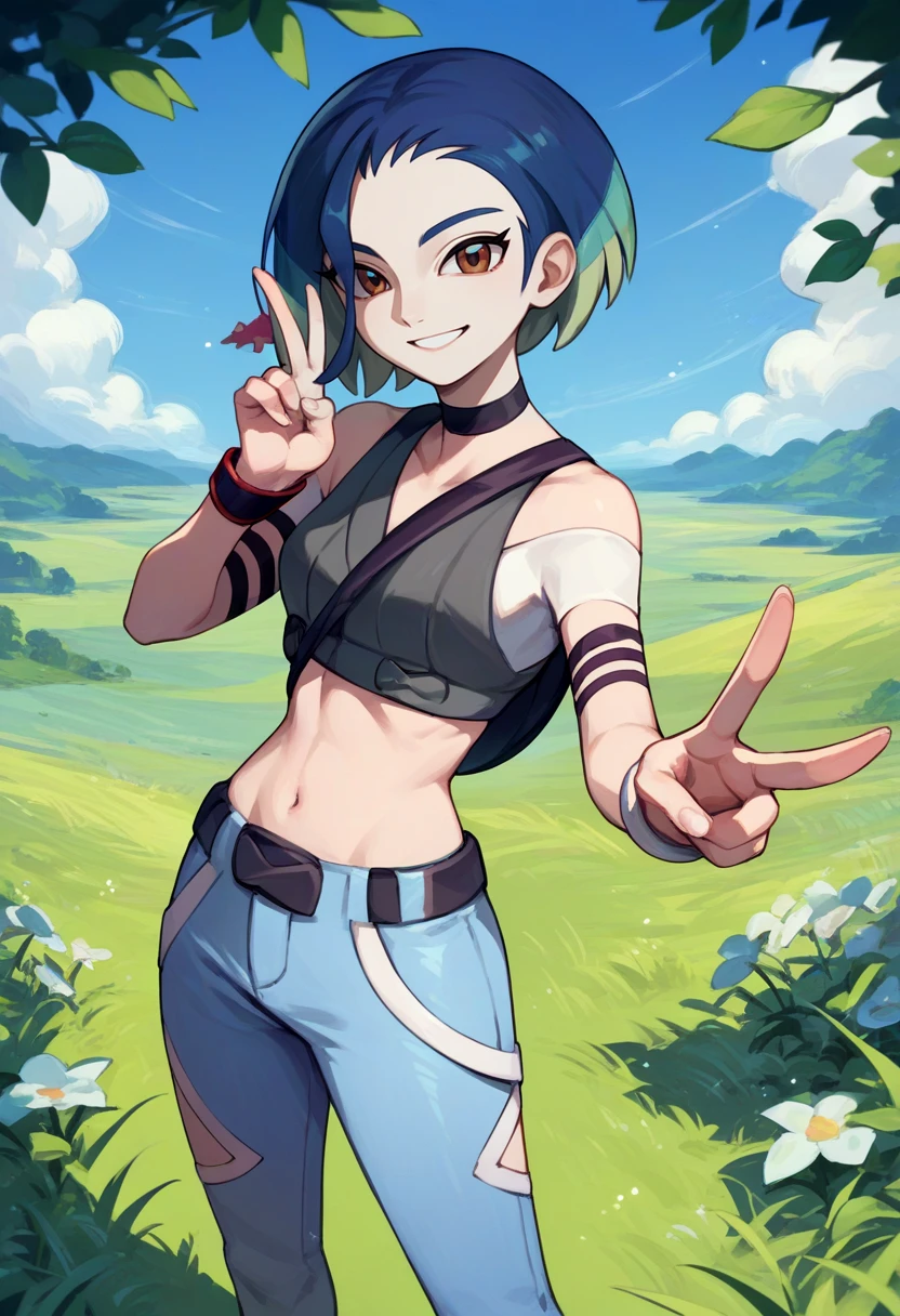 score_9, score_8_up, score_7_up, source_anime, solo, 1girl, perrin, smile, looking at viewer, standing, v, crop top, blue pants, bare shoulders, outdoors, grass <lora:pokemon_perrin_ponyXL:1>