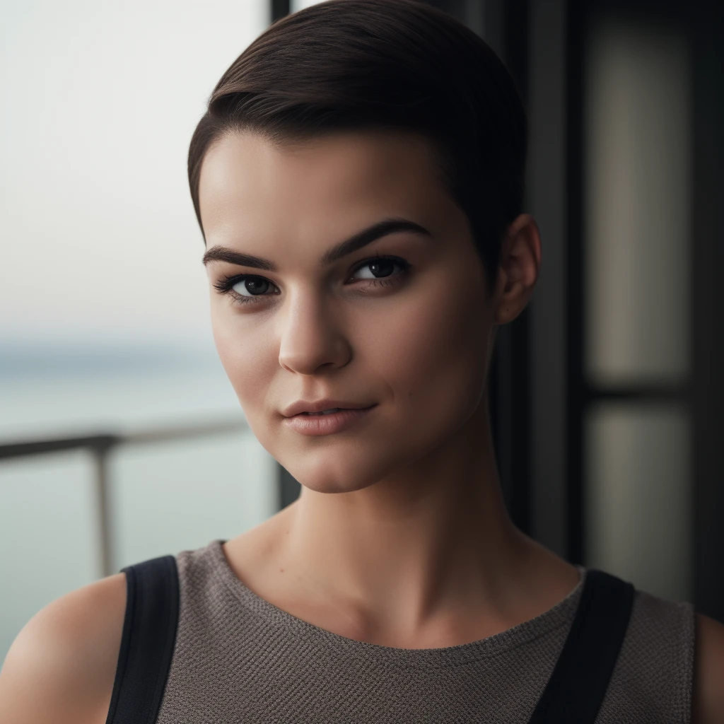 Best_QualityPos, RAW photo, intricate details, best quality, 8k uhd, soft lighting, 1girl, solo, Brianna Hildebrand, buzz cut, black hair, brown eyes, smug <lora:Brianna_Hildebrand:0.5>