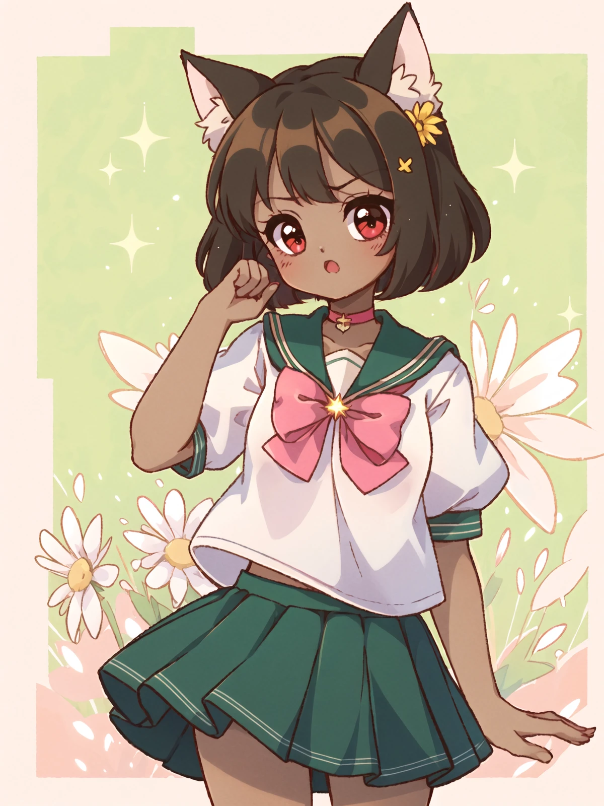 1girl, small-sized breast, upper body, standing, tanned skin, red eyes, closed mouth, dark skin, combined blush, angled head, looking at viewer, black-colored skin, solo, hand up, sparkles, short black bob haircut, shy, black pointy animal ears with yellow strip, angry, puffy white sailor school uniform with short puffy sleeves and light green collar and light green skirt, red chocker with bow, chest pink bow, high-detailed light yellow abstract background with strawberries and leaves, chamomiles, butterflies