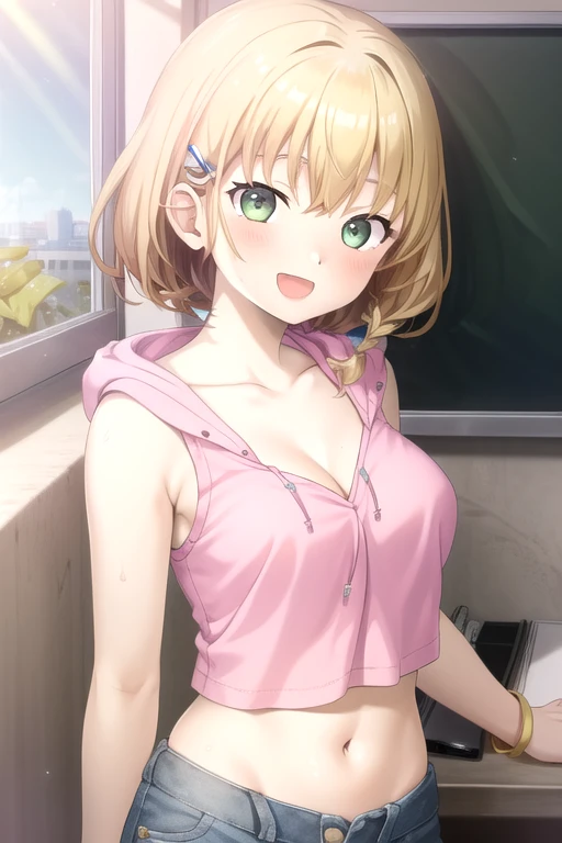 classroom,1girl, kinomoto sakura, solo,white panties,white bra, green eyes, pussy, brown hair, , short hair, navel、flat chest,blush,,antenna hair,closed mouth,arms behind back,,looking at viewer,,smile