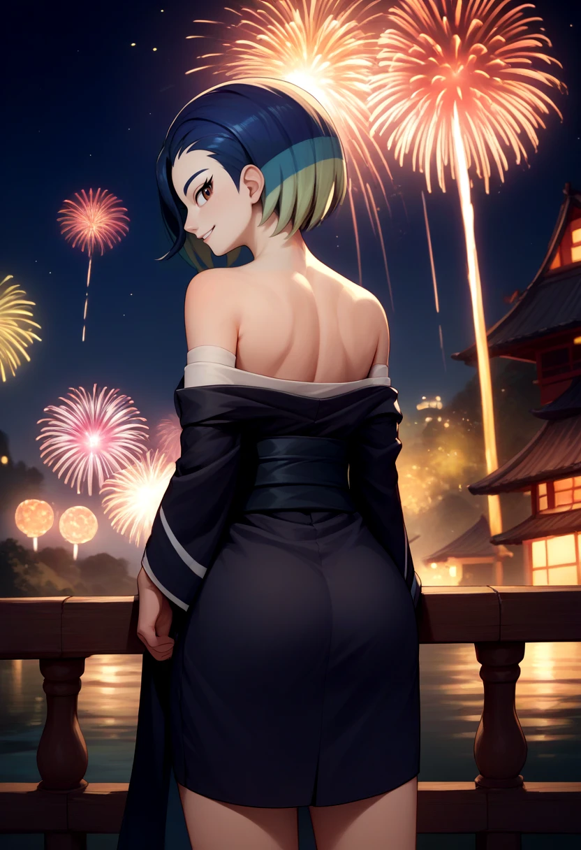 score_9, score_8_up, score_7_up, source_anime, from behind, solo, 1girl, perrin, smile, looking back, black kimono, off shoulder, black sash, bare shoulders, fireworks <lora:pokemon_perrin_ponyXL:1>