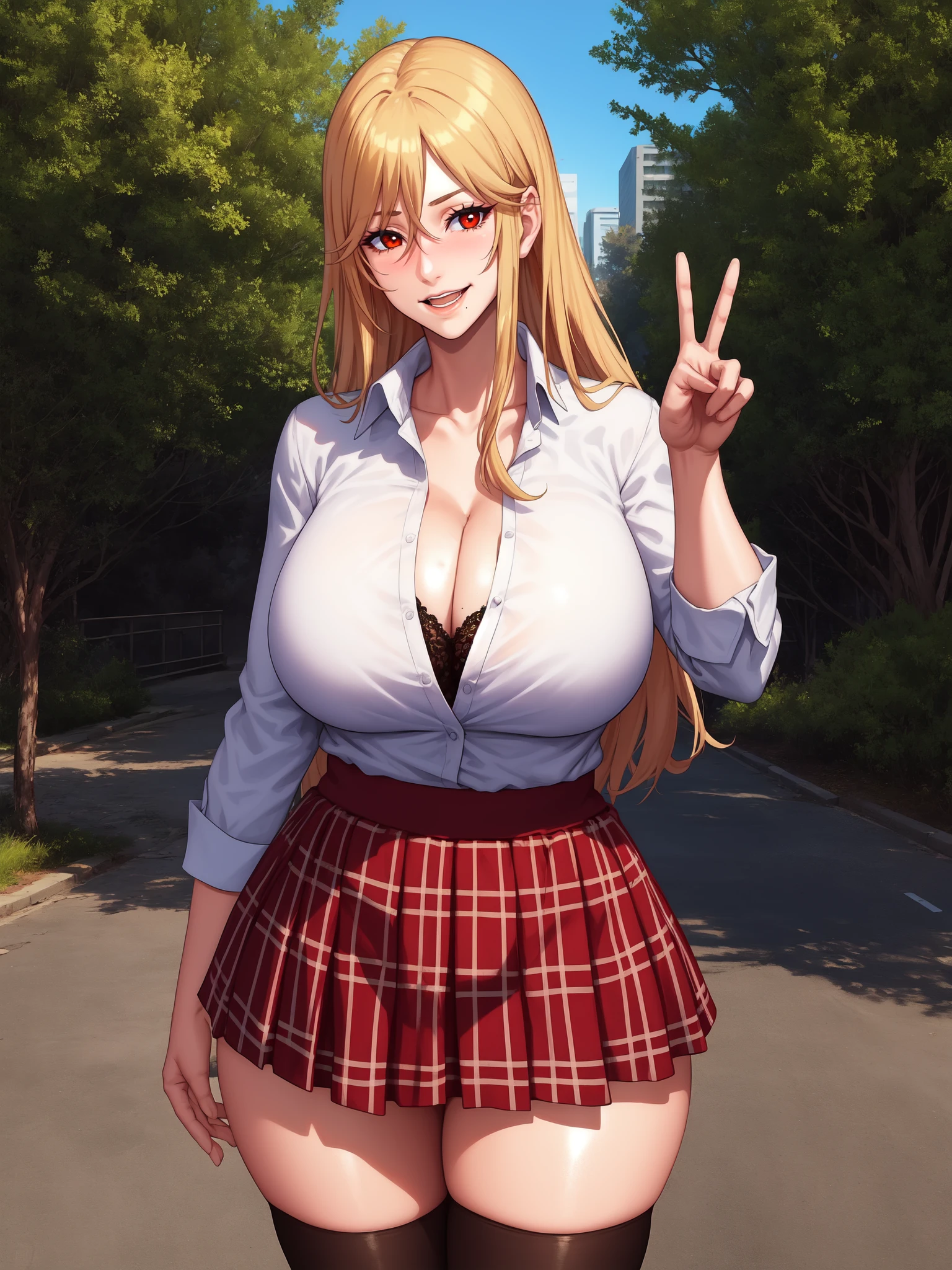 (high quality:1.1), intricate details, cinematic lighting,
Kyouko, 1girl, mature female, milf, solo, standing, legs apart, arm at side, hand on own chest, cowboy shot, (v, v sign:1.15),
(looking at viewer:1.1), blush, smirk, happy, half-closed eyes, open mouth,
blonde hair, long hair, red eyes, (mole under mouth:1.0), makeup, lips, shiny,
school uniform, black bra, white shirt, open clothes, plaid skirt, thighhighs,
curvy, huge breasts, cleavage, lace,
outdoors, park, day,
<lora:Kyouko:1>