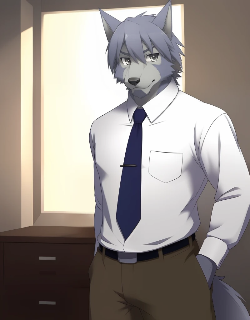 (((detailed eyes, detailed face))), (furry, mitsuhisa <lora:character_mitsuhisa_findigo_v1:0.9>, two-tone fur, grey hair, facial hair, chest hair, wolf boy, snout, old man, black eyes), male, (solo), (plump), (white shirt, blue necktie, brown pants), standing, (arms behind back), smile, (front view) BREAK (konzaburou, ukan_muri, cute), bedroom, (flat shading, high brightness), 8k, UHD, masterpiece, (full body)