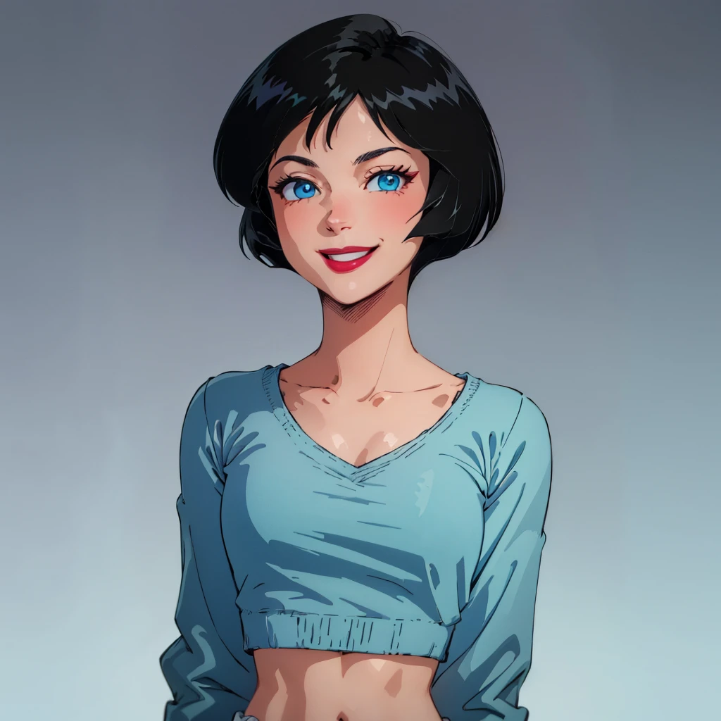 1girl,solo, Dominique   , short hair, black hair, blue eyes, lipstick, smile, retro artstyle, <lora:Dominique_TotallySpies_Leaf1:0.8>, cowboy shot,   looking at viewer, gradient background,