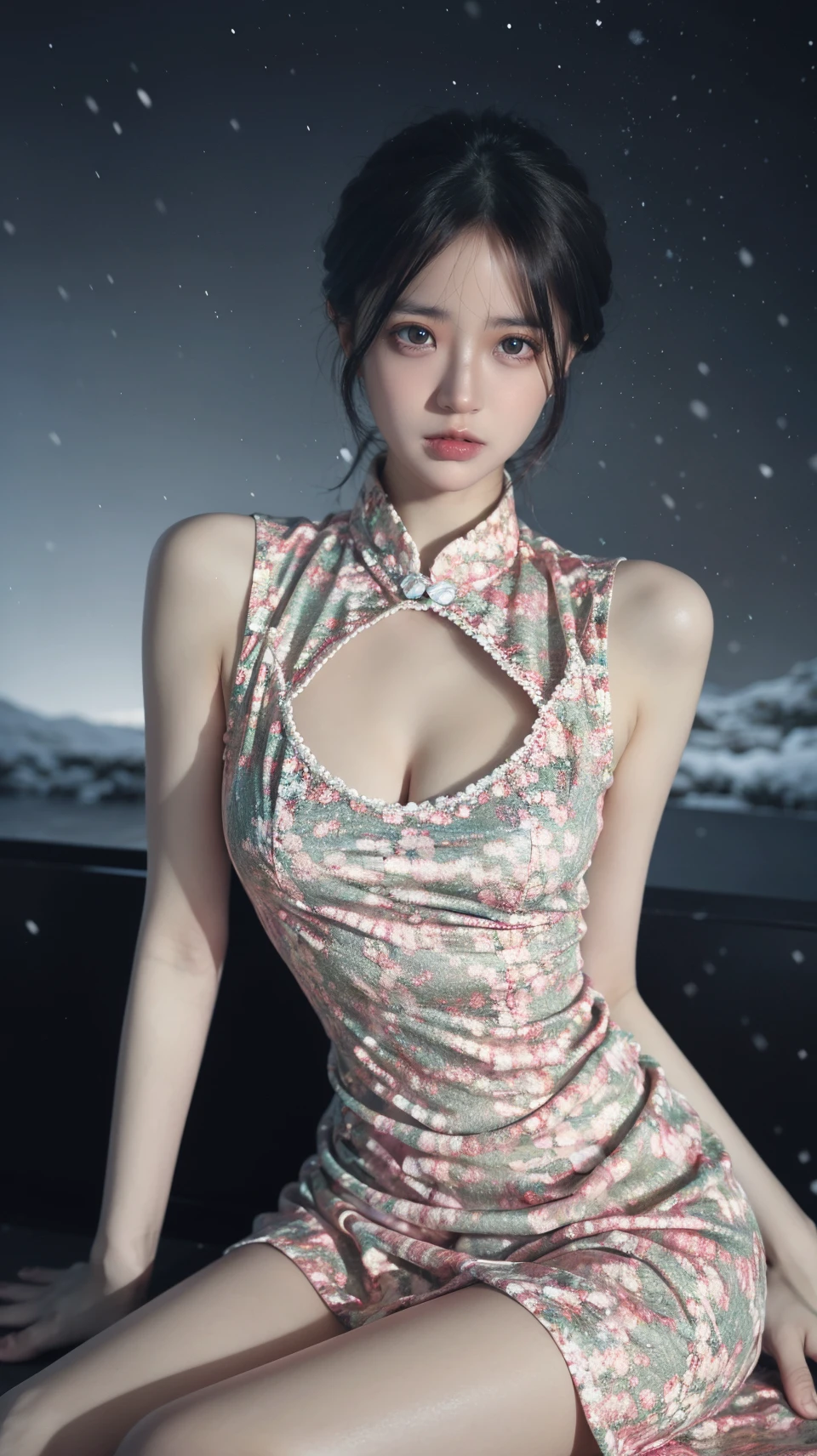 best quality,HDR,UHD,8K,Vivid Colors,solo,photo_,(1girl:1.3),(sitting:1.3),(looking at viewer:1.4),Elegant,detailed gorgeous face,(cowboy shot:1.2),(snowing background:1.2),<lora:rc116:0.8>,rc,cleavage cutout,
