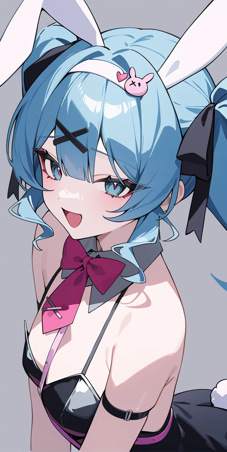 1girl,  hatsune miku, rabbit hole \(vocaloid\), vocaloid, rating: sensitive, masterpiece, best quality, newest, playboy bunny  <lora:rabbithole_3-000004:1>, aqua hair, detached sleeves, green eyes, grey shirt, grey background, hair between eyes, hair ornament, long hair, looking at viewer, open mouth, shirt, sidelocks, simple background, sleeveless, sleeveless shirt, smile, solo, twintails, upper body