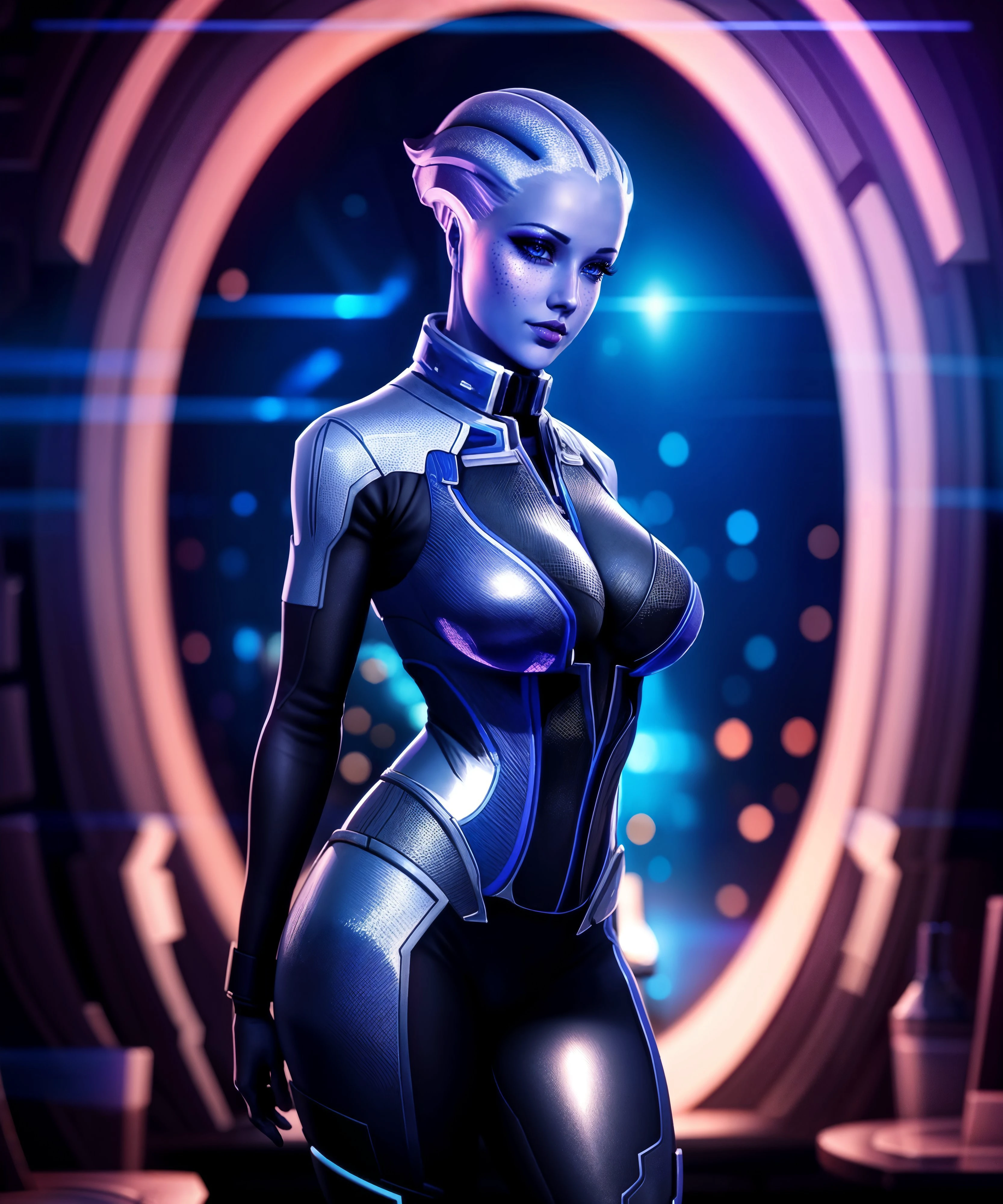 mass effect, LiaraT'Soni <lora:LiaraT'Soni:0.85>, busty, in futuristic suit, posing, (Artstation:1.3), (intricate:1.1), (highly detailed:1.2),(glowing lighting:0.5), (digital painting:1.2), (smooth:1.1), (sharp focus:1.2), (illustration:1.1), (3d:0.9), (3d_bacground:0.9), 8 k