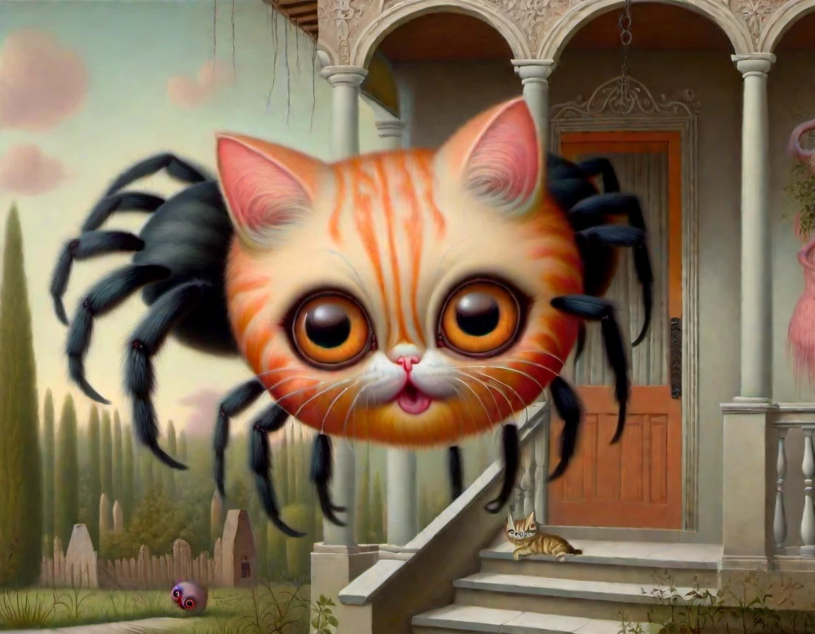 <lora:lowbrow_XL:1>, lowbrow, lowbrow-xl, surrealistic, absurd, bizarre, eerie, fanciful, fantastic and ludicrous, long shot, large spider with a cute cat head, orange cat eyes, on a gothic porch