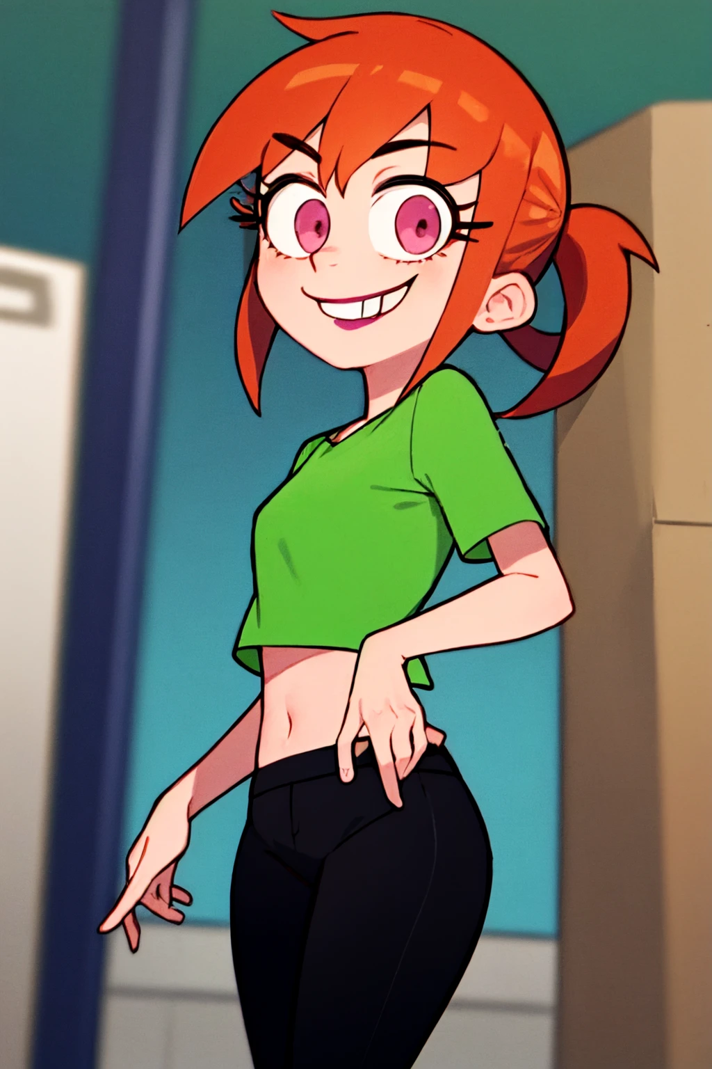 vicky, ponytail,orange hair,  lipstick, solo, 1girl, green crop top, pink eyes, black pants,midriff standing, short sleeves, looking at viewer ,,smile,   <lora:Vicky(1.0):0.5>