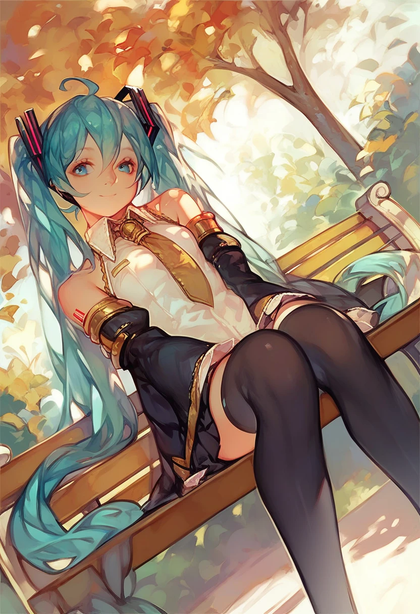 Hatsune miku add_detail:1 aqua fur Masterpiece High quality High resolution , wide, Sit with your knees bent、beauty legs 、in park、As if looking up from below、embarrassed add_detail:1 cum in pussy add_detail:1, open legs