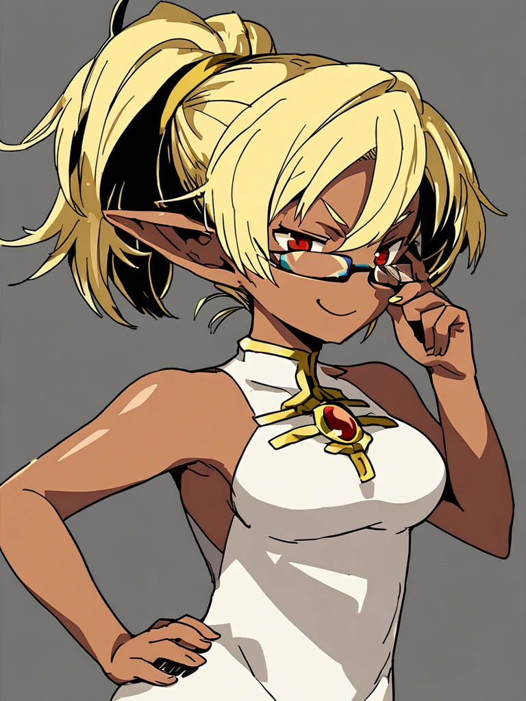 <lora:Himukai-PonyXL-1024px:1>
source_anime, white_background, 
1girl, solo, standing, wearing white dress, dark-skinned female, blonde hair, red eyes, pointy ears, center_opening, gold_trim, breasts, high_ponytail, hand on hip, smirk, adjusting glasses