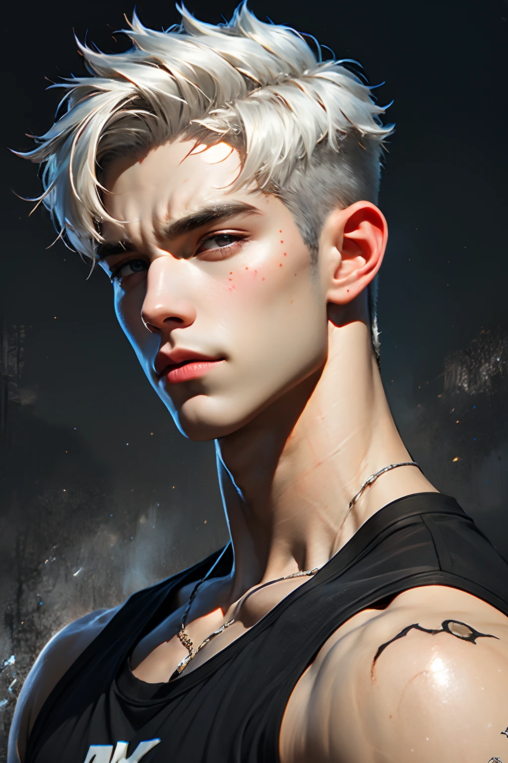 <lora:æ¼äº®ç·å­©:0.7>,a man with a white hair and a black shirt on a gray background with a tattoo on his arm