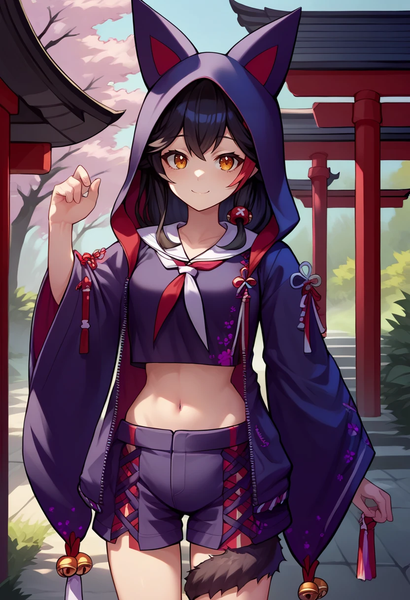 score_9, score_6_up, source_anime, 1girl, solo, japanese shrine, mio_another, crop top, sailor collar, hooded jacket, animal hood, open jacket, wide sleeves, black shorts, jingle bell, tail wrap, tail around leg, light smile <lora:mioXL-10:1>