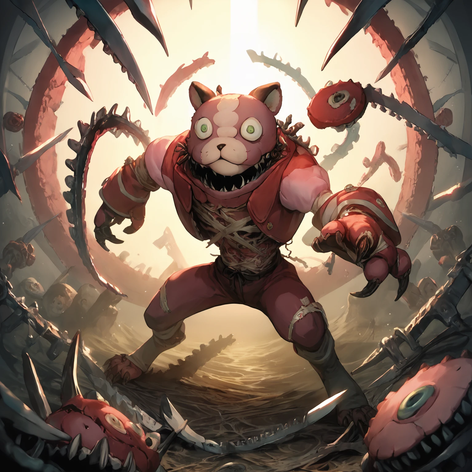 score_9, score_8_up, score_7_up, score_6_up, score_5_up, score_4_up, source_anime, frightfur cheerilee, frightfur, dynamic pose, stuffing, chainsaw, blades, stitches, detailed, lace background, creative, figurative, <lora:Frightfurfluffal1-000010:1>