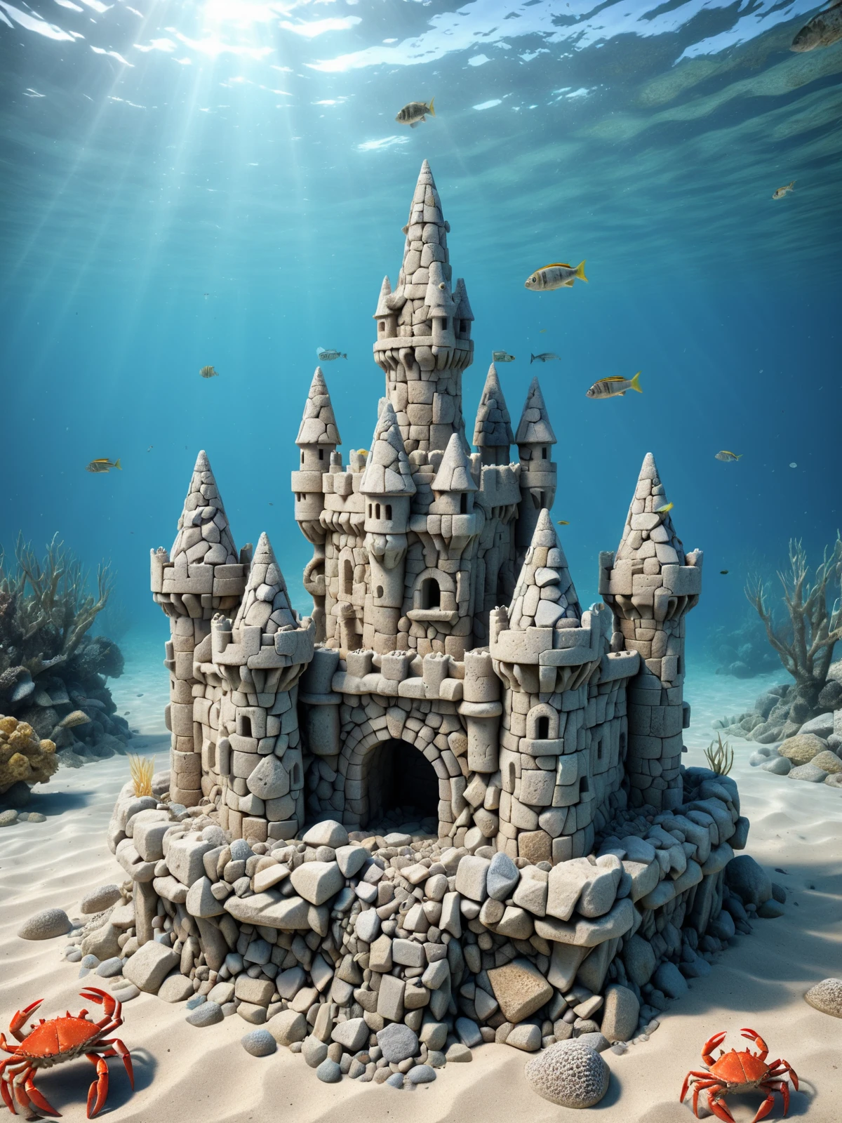 sand castle made of mad-rubble under water, crabs, fish, kelb, caustics,  <lora:Rubble_SDXL:0.8>, (masterpiece:1.2), best quality, (hyperdetailed, highest detailed:1.2), high resolution textures