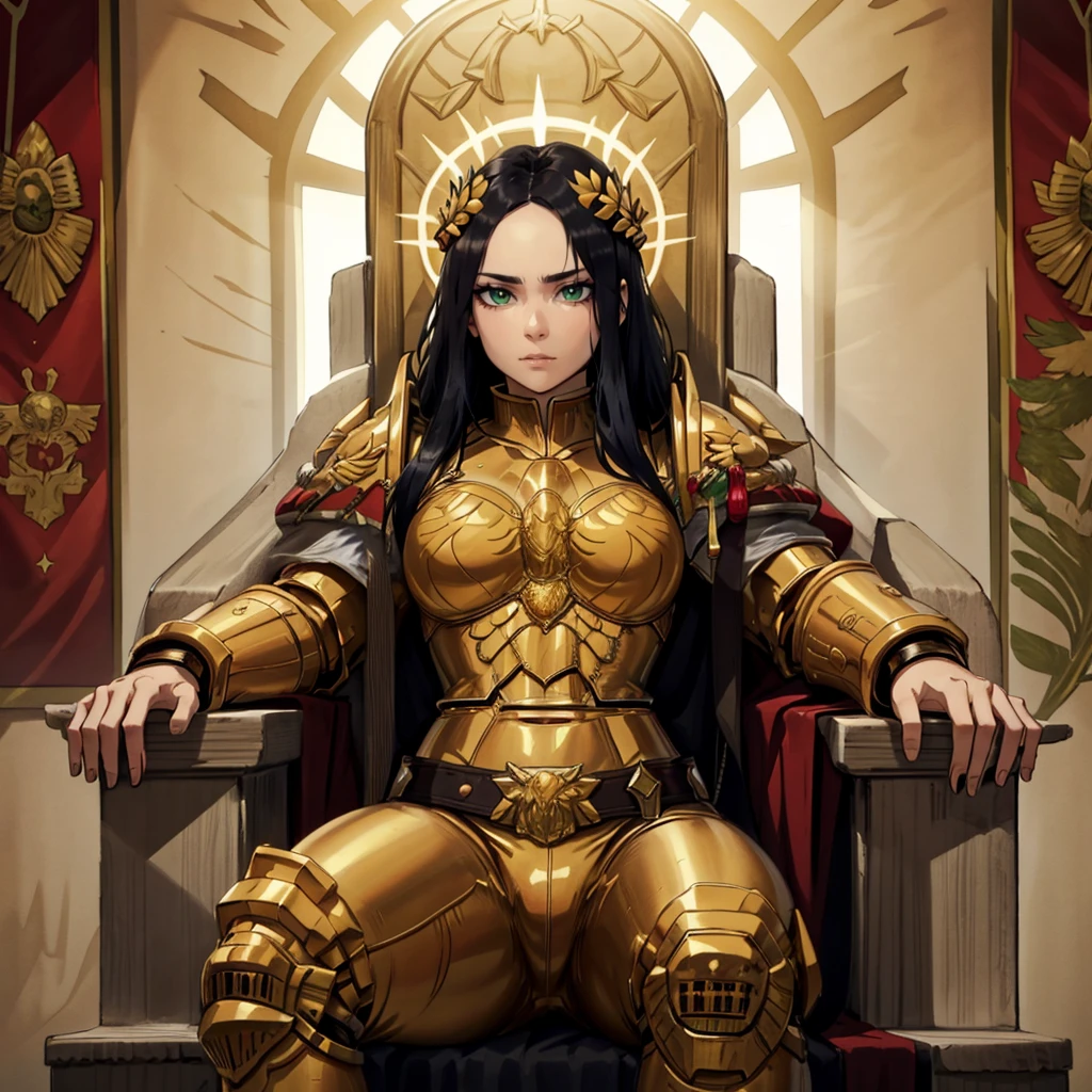 high quality, 1girl, solo, god empress,   long hair, black hair,  brown eyes, laurel crown, parted bangs, forehead, halo, gold armor, shoulder armor, big pauldron,<lora:God_Emperess_Of_Mankind_Leaf1:0.8>,  throne, sitting, sitting on throne.