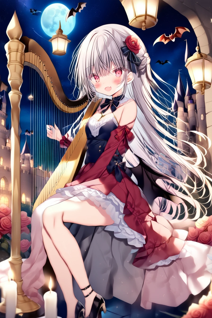 blue archive style,miwabe_sakura,ray tracing,shikitani_asuka,1girl,silver hair,red eyes,long hair,skin fang,bat wings,night,castle,dress flower,sitting,candle,flat chest,blonde harp, playing harp,      <lora:harp:1>
