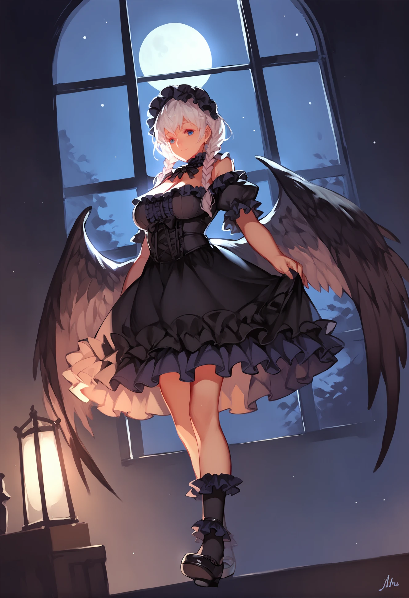score_9, score_8_up, score_7_up, score_6_up, score_5_up, score_4_up, a gothic mature woman is standing in a black room, large breasts, (litmus:1.2), white hair, frilled dress, frilled headwear, arms_up, full_body, baggy_eyes, frilled_socks, mary janes, twin braids, night time , black wings, moon, sky, window, moonlight,
<lora:ka_style_xl_v2-000021:1>