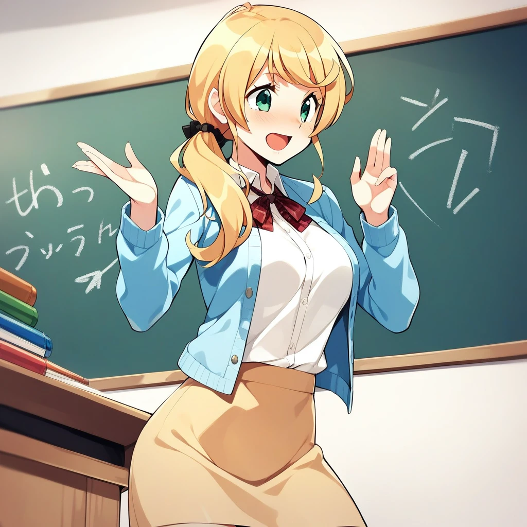 1girl,solo,smile,open mouth,blush,cowboy shot,ellenbaker,<lora:ellenbaker_xl:1>,light blue clothing,teacher,chalkboard,classroom,best quality,beige tight skirt,