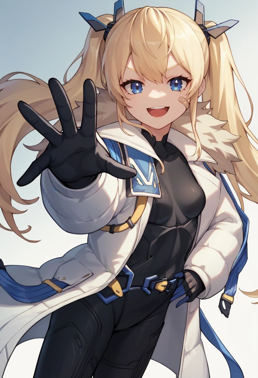 score_9, score_8_up, score_7_up, source_anime BREAK 1girl, <lora:laplace-nikke-richy-v1_pdxl:1> laplace, blonde hair, twintails, long hair, hair ornament, blue eyes, bandaid on face, black bodysuit, small breasts, white coat, fur trim, black gloves, solo, standing, looking at viewer, smile, open mouth,
