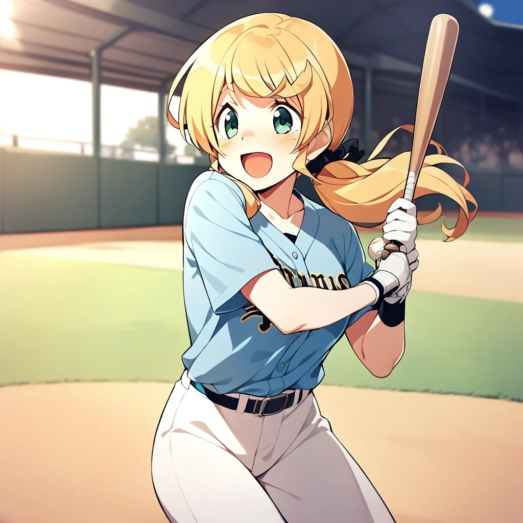 1girl,solo,smile,open mouth,ellenbaker,<lora:ellenbaker_xl:1>,outdoors,swing baseball bat,baseball,sports ground,light blue clothing,best quality,