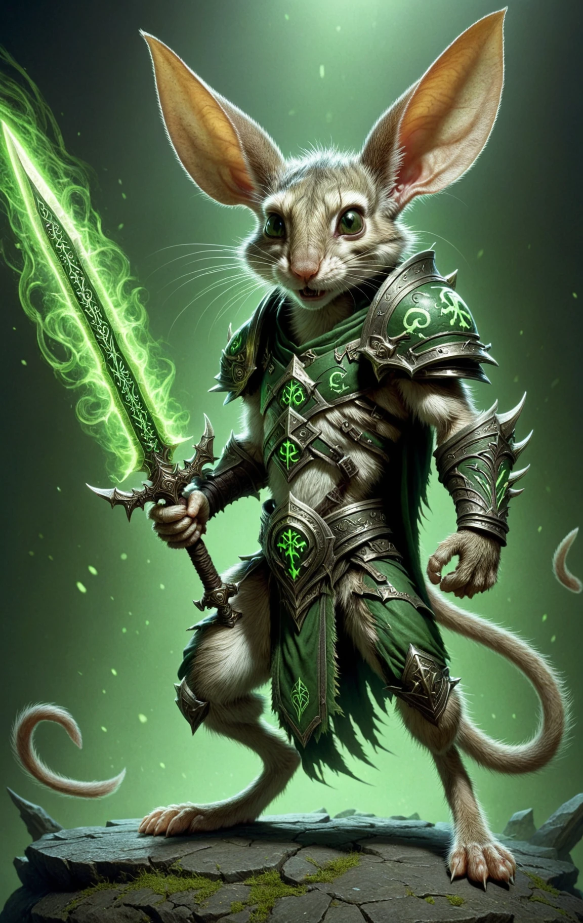 jerboa, death knight, DonMD34thKn1gh7XL wielding runeblade, green glowing runes, broad sword, massive <lora:DonMD34thKn1gh7XL-v1.1-000010:0.8>