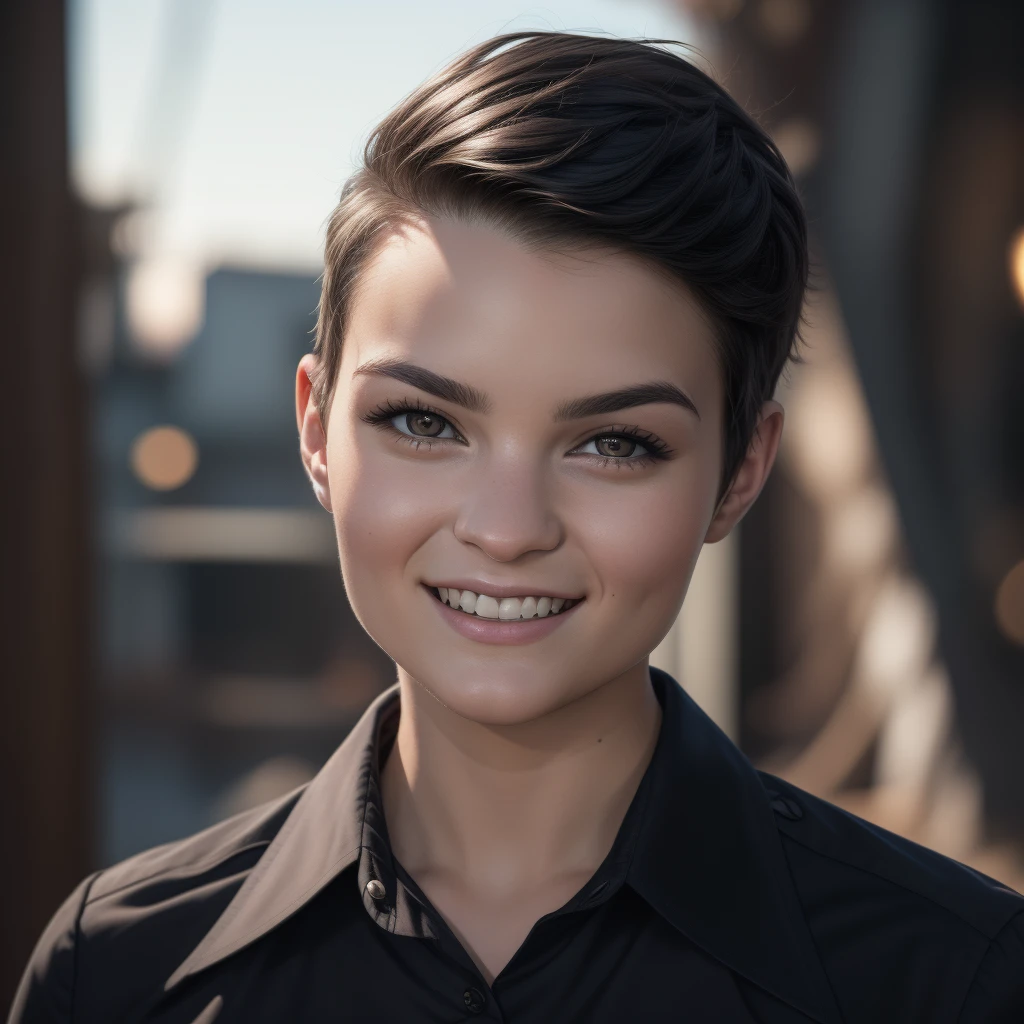 Best_QualityPos, RAW photo, intricate details, best quality, 8k uhd, soft lighting, 1girl, solo, Brianna Hildebrand, buzz cut, black hair, brown eyes, black collared shirt, smile <lora:Brianna_Hildebrand:0.5>