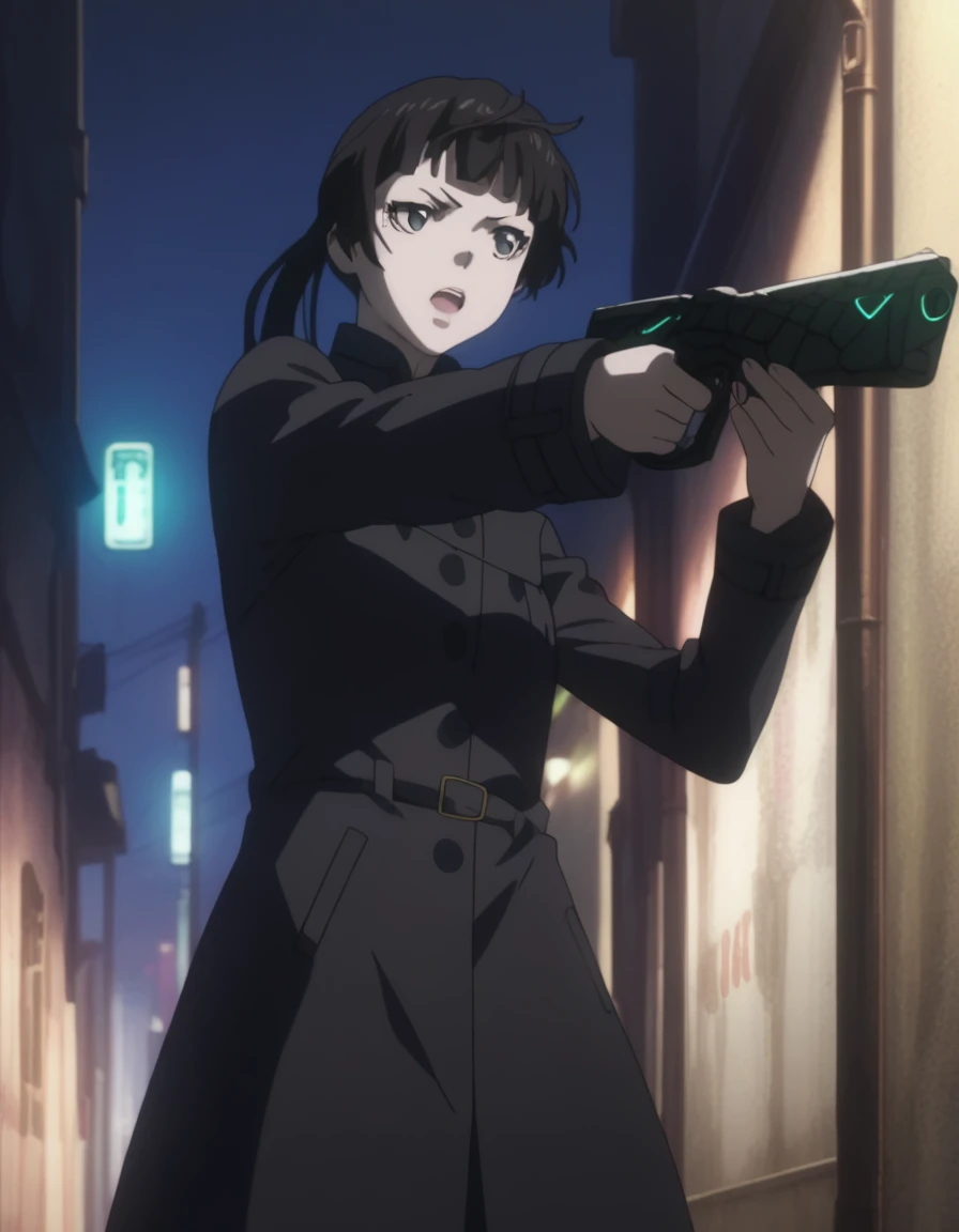 score_9, score_8_up, score_7_up, score_6_up, score_5_up, score_4_up, source_anime, screenshots,
<lora:akane-yayoi-ponyxl:1>
1girl, alley, night
kunizuka, black coat, holding gun, aiming, dominator \(gun\), open mouth