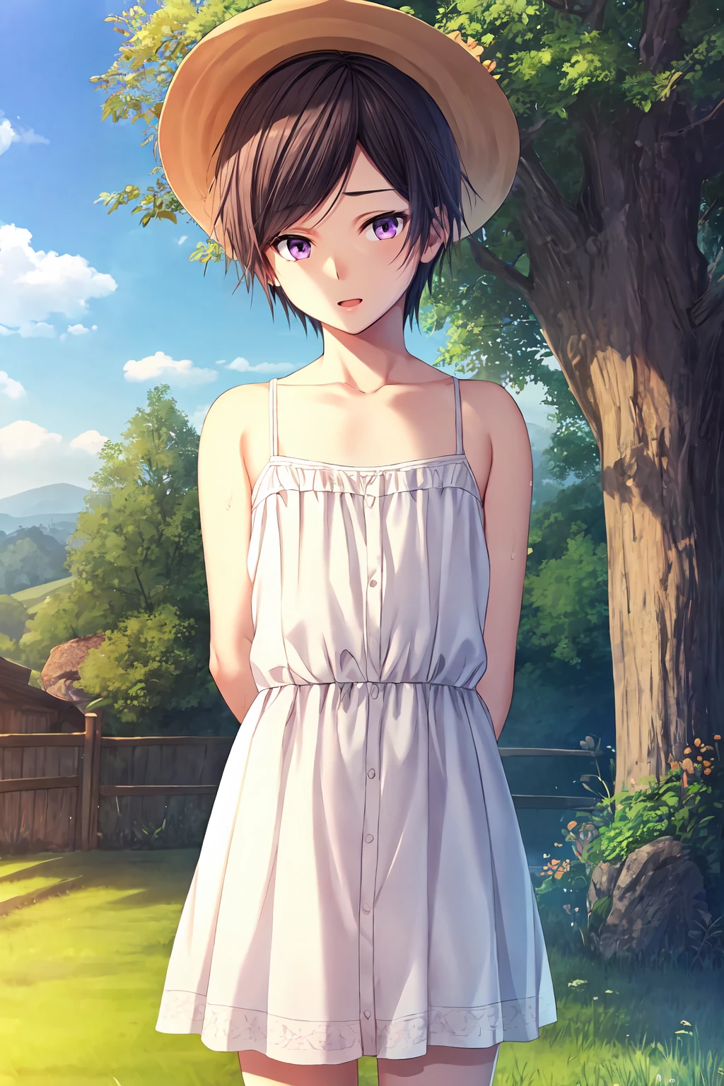 (masterpiece, best quality:1.2), highres, game cg, extremely detailed CG, 4k, 8k, 1boy, solo, male focus, sweat, 
koryui_V1, otoko no ko, androgynous, black hair, short hair, swept bangs, purple eyes, straw hat, 
crossdressing, white dress, collarbone, bare shoulders, bare arms, 
standing, arms behind back, cowboy shot, looking at viewer,
outdoors, countryside, day, blue sky, tree, 
<lora:add_detail_CyberAlchemist:0.4>, <lora:koryuiV1:0.85>,