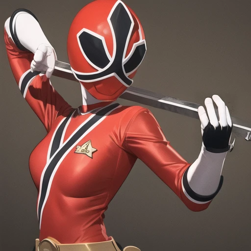 <lora:ranger:0.85>, 1girl, solo, simple coloured background, red body suit, hand on hip, large breasts
