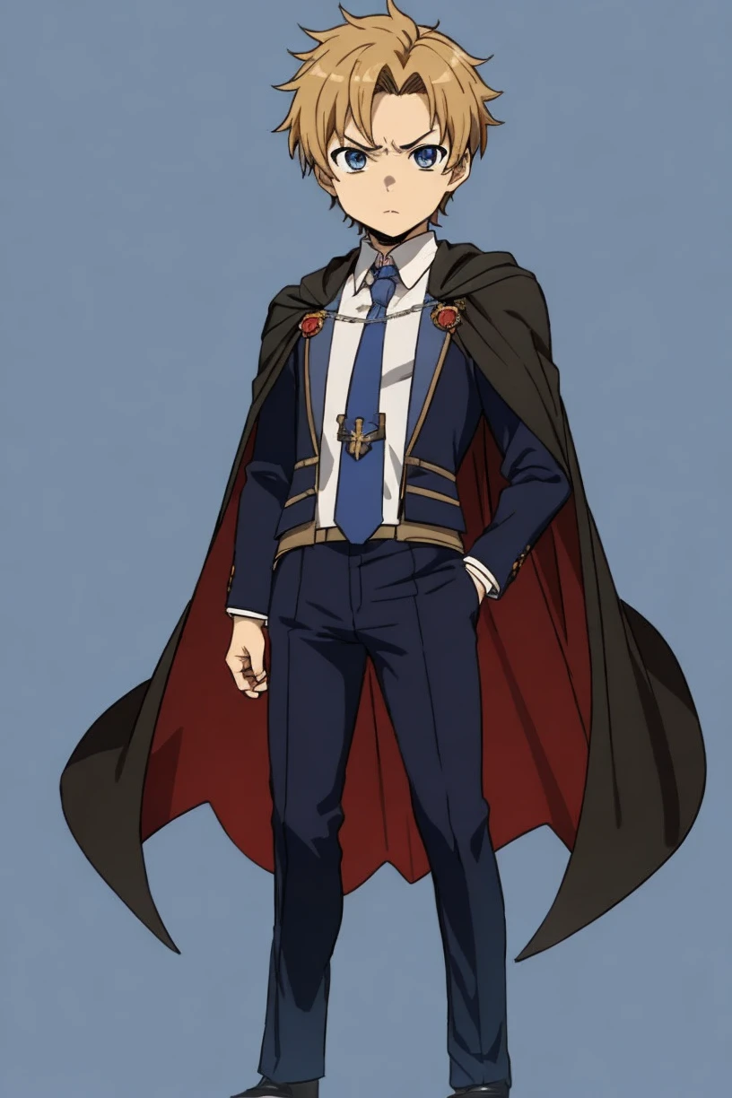 masterpiece, chibi, full body, 1boy, solo, mature male, serious, toshirop5t, suit, shirt, necktie, short hair, cape, hero pose, rudeus, blue background,