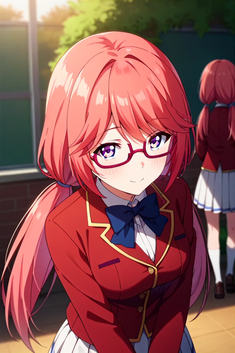 score_9, score_8_up, score_7_up, score_6_up, score_5_up, score_4_up, rating_questionable, , source_anime, digital illustration, pixiv, fanbox, uncensored, , BREAK, official art,
1girl, , female, airi sakura, red hair, long hair, purple eyes, low twintails, glasses, anime screencap, 
school uniform, red jacket, blue bow, white skirt, classroom,,  light smile, blush, outdoors, looking at viewer, cowboy shot, colorful, vivid  <lora:Airi_Sakura_Pony-000009:0.8>