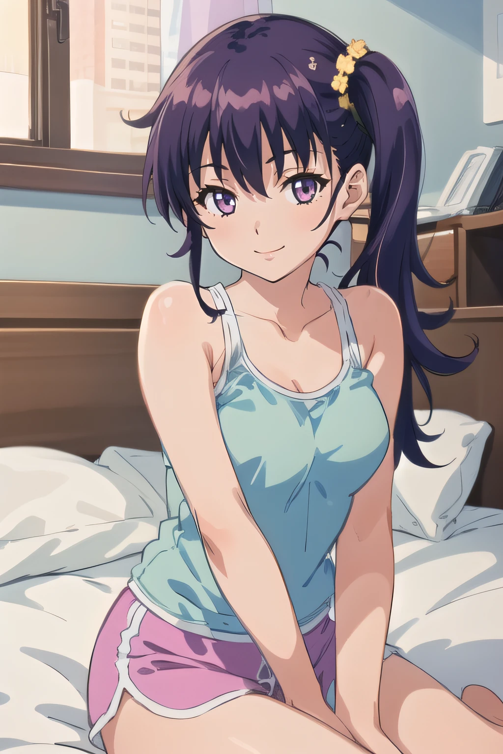 (masterpiece:1.2), best quality, high resolution, unity 8k wallpaper, (illustration), extremely detailed face, perfect lighting, extremely detailed CG, 1girl, solo, <lora:Risa:0.7>, risa, purple eyes, purple hair, aqua tank top, pink shorts, side ponytail, cowboy shot, looking at viewer, sitting on bed, smile
