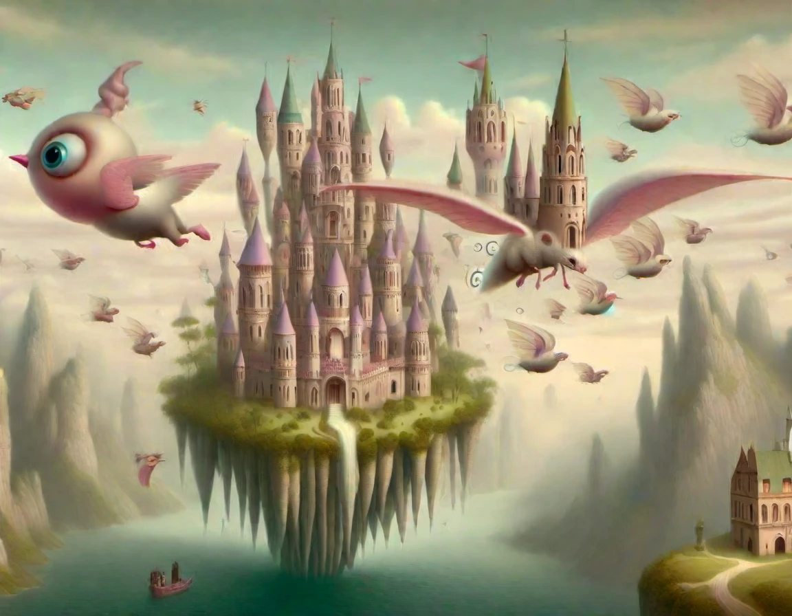 <lora:lowbrow_XL:1>, lowbrow, lowbrow-xl, surrealistic, absurd, bizarre, eerie, fanciful, fantastic and ludicrous, Flying Castle on a floating island, Fantasy Landscape, environment concept art, digital art, Romanesque architecture, Picturesque, mystical, lovely, beautiful, Byzantine Architecture, Hyperdetailed,