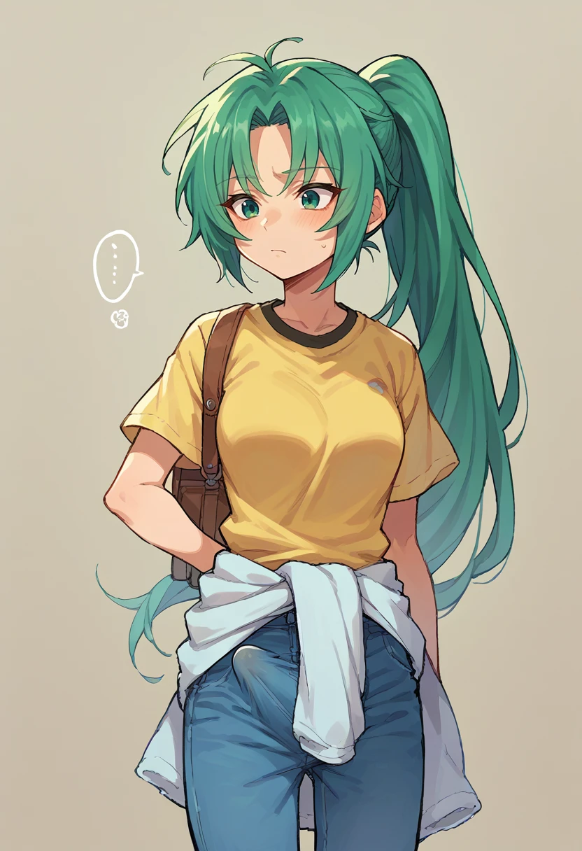 score_9, score_8_up, score_7_up, source_anime , <lora:Erection Under Clothes-000012:1> erection under clothes, <lora:MionPonyN:1> Mion Sonozaki, green eyes, ponytail, green hair, yellow T-shirt, clothes around waist, jeans, 1girl, solo,