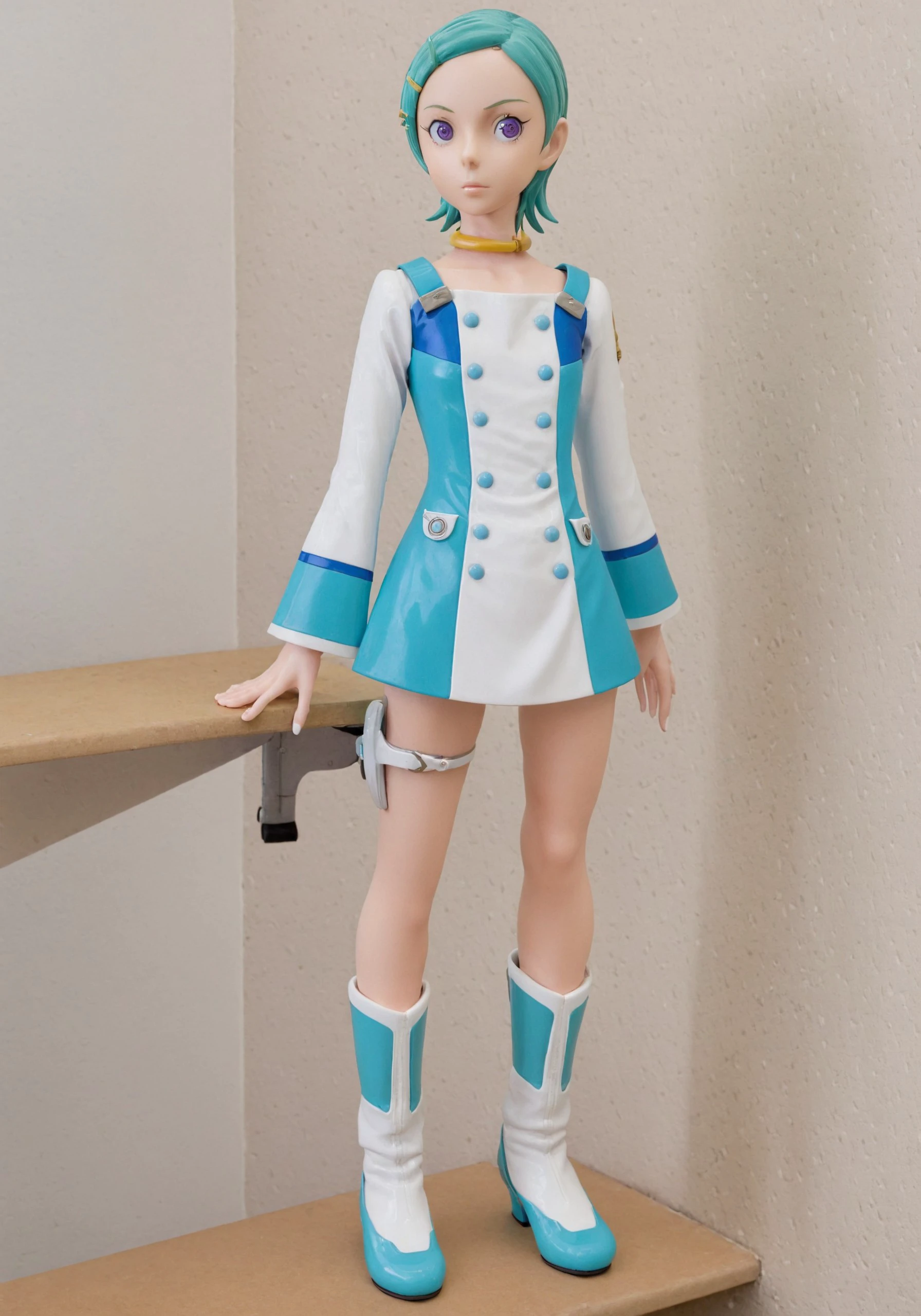 plastic figurine of eureka standing on shelf, short hair, long sleeves, dress, purple eyes, boots, hairclip, aqua hair, thigh strap, white footwear
<lora:eureka_xl_v9:1>