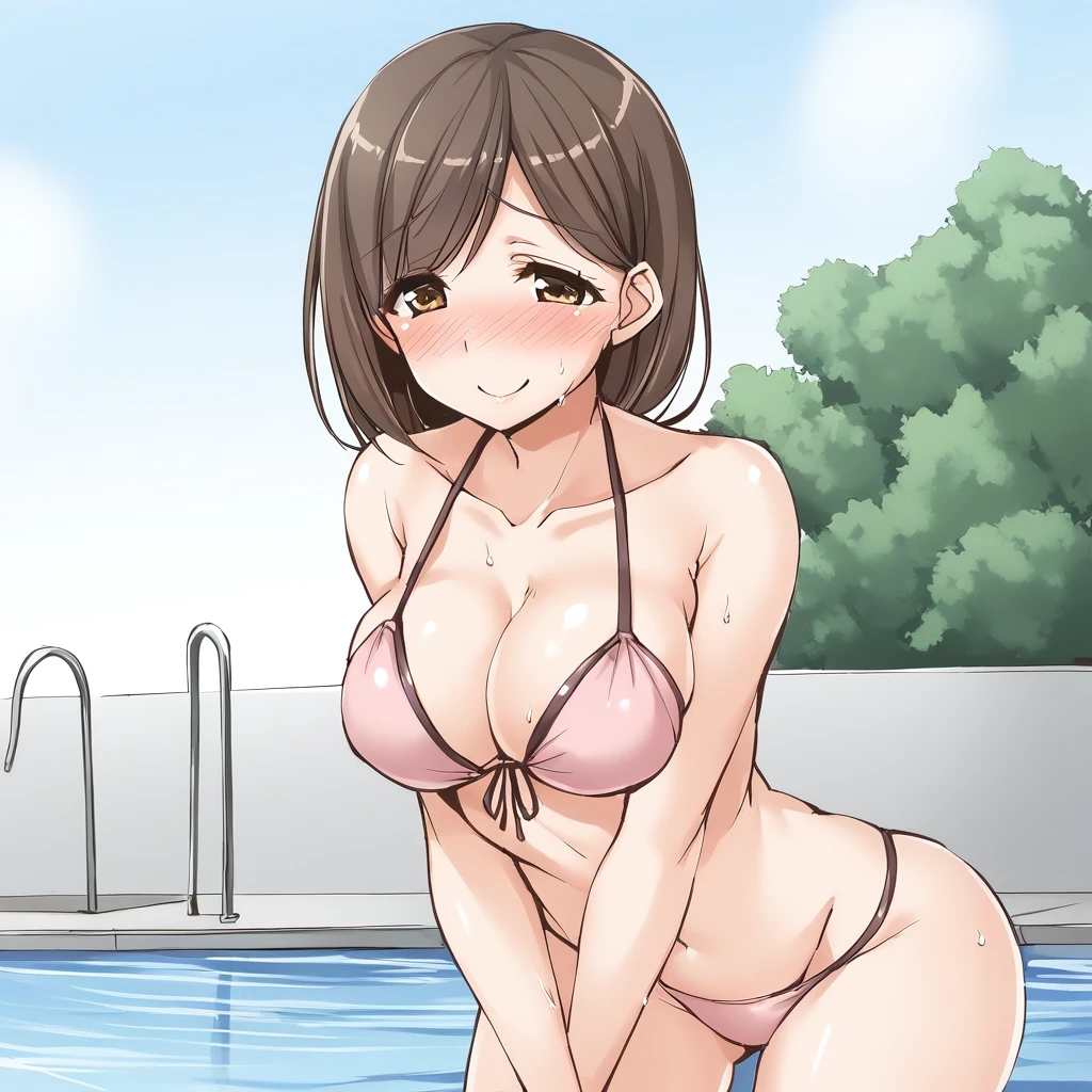 1girl,solo,smile,embarrassed,blush,cowboy shot,<lora:zemimama_xl:1>,zemimama,outdoors,pool,poolside,bikini,best quality,