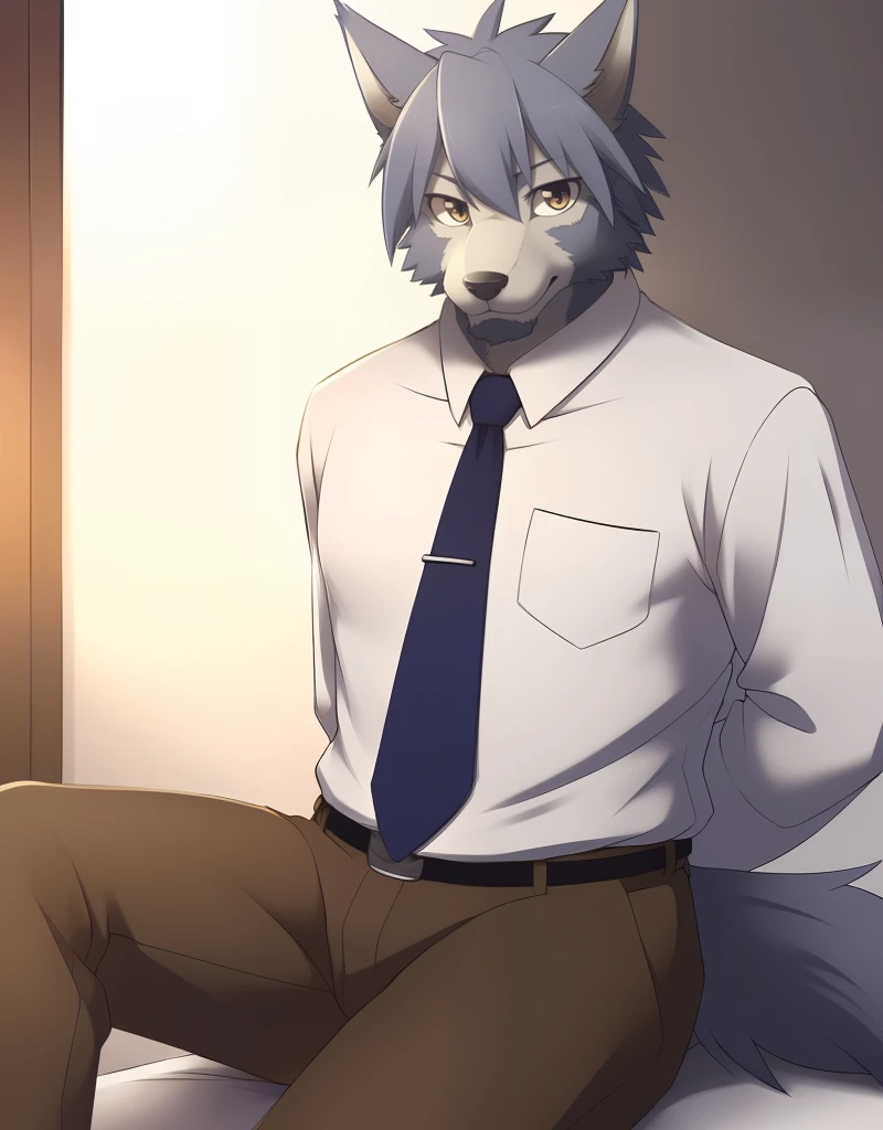 (((detailed eyes, detailed face))), (furry, mitsuhisa <lora:character_mitsuhisa_findigo_v1:0.9>, two-tone fur, grey hair, facial hair, chest hair, wolf boy, snout, old man, black eyes), male, (solo), (plump), (white shirt, blue necktie, brown pants), sitting, (arms behind back), smile, (front view) BREAK (konzaburou, ukan_muri, cute), bedroom, (flat shading, high brightness), 8k, UHD, masterpiece, (full body)