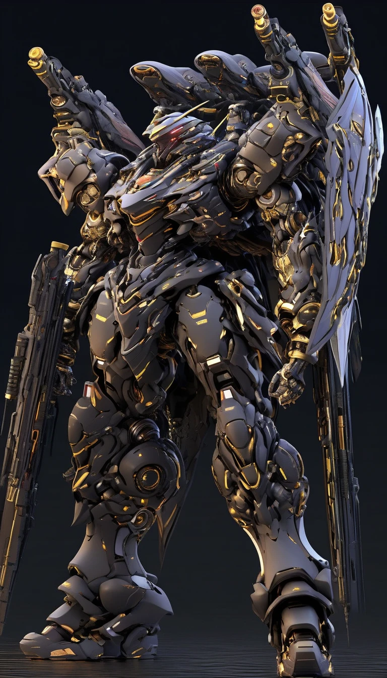 professional 3d model of mecha,(NJRS:1.5),(science fiction:1),(a stylish mech:1.2),(sharp mecha armor),glowing eyes,(full body:1.2),mechanical parts,robot joints,(holding huge weapon:1.5),(huge mechanical shield:1.2),best quality,masterpiece,highly detailed,ultra-detailed,(huge mechanical weapon:1.3),(detailed weapon:1.2),(huge mechanical gun:1.2),<lora:srdxl_v2_7_5a7:0.8>,octane render,highly detailed,volumetric,dramatic lighting,